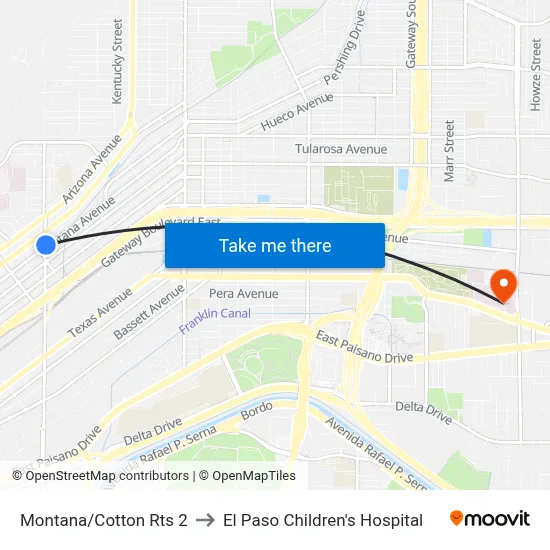 Montana/Cotton Rts 2 to El Paso Children's Hospital map