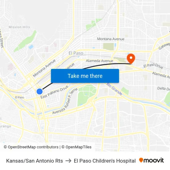 Kansas/San Antonio Rts to El Paso Children's Hospital map