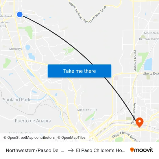 Northwestern/Paseo Del Norte to El Paso Children's Hospital map