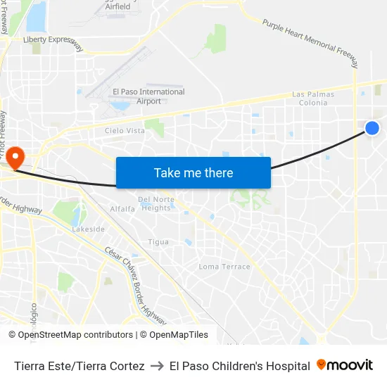 Tierra Este/Tierra Cortez to El Paso Children's Hospital map