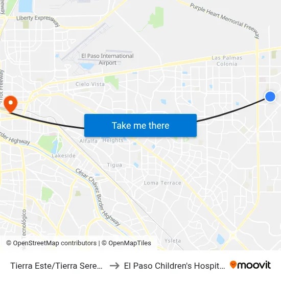 Tierra Este/Tierra Serena to El Paso Children's Hospital map