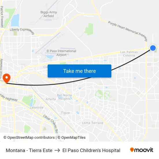Montana - Tierra Este to El Paso Children's Hospital map