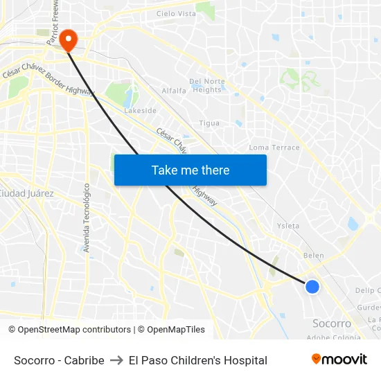 Socorro - Cabribe to El Paso Children's Hospital map