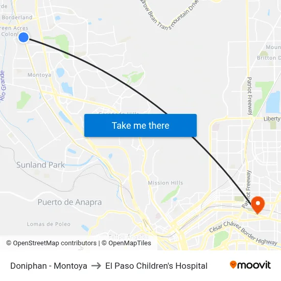 Doniphan - Montoya to El Paso Children's Hospital map