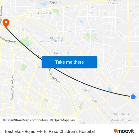 Eastlake - Rojas to El Paso Children's Hospital map
