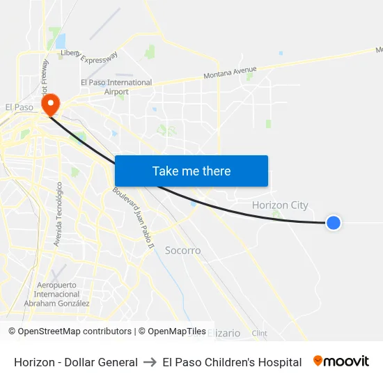 Horizon - Dollar General to El Paso Children's Hospital map