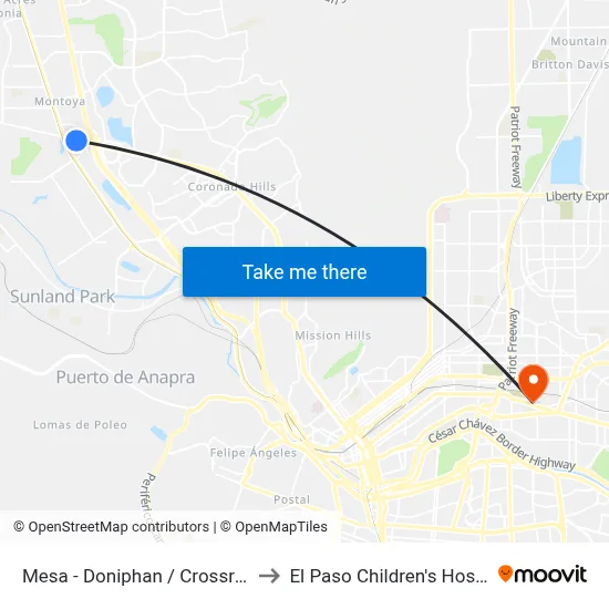 Mesa - Doniphan / Crossroads to El Paso Children's Hospital map