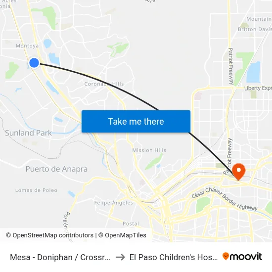 Mesa - Doniphan / Crossroads to El Paso Children's Hospital map