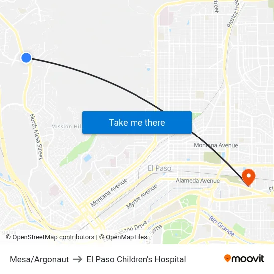 Mesa/Argonaut to El Paso Children's Hospital map