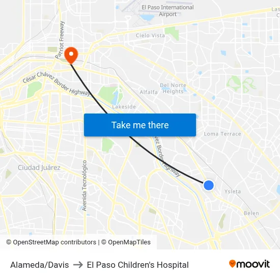 Alameda/Davis to El Paso Children's Hospital map