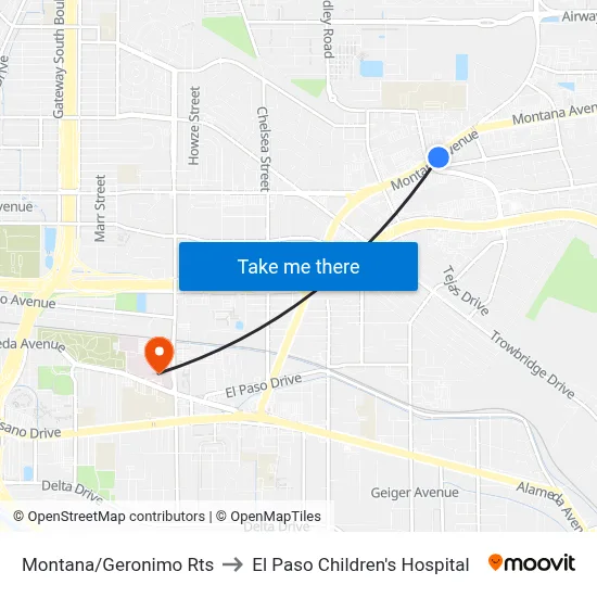 Montana/Geronimo Rts to El Paso Children's Hospital map