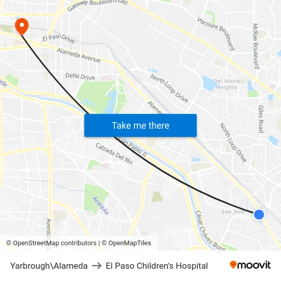 Yarbrough\Alameda to El Paso Children's Hospital map