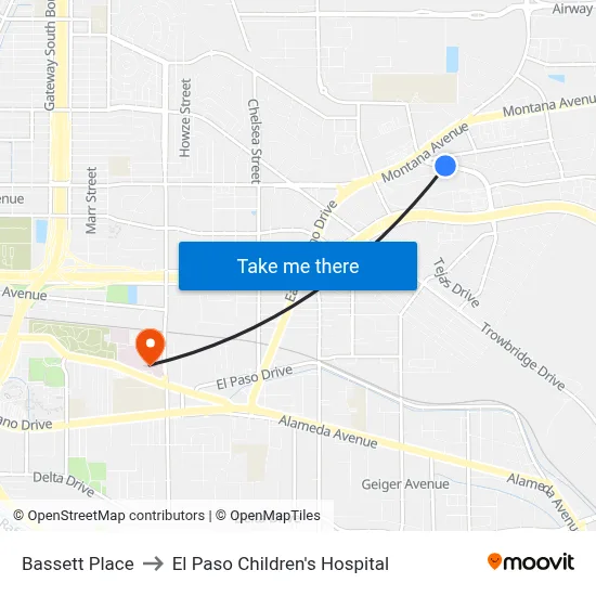 Bassett Place to El Paso Children's Hospital map