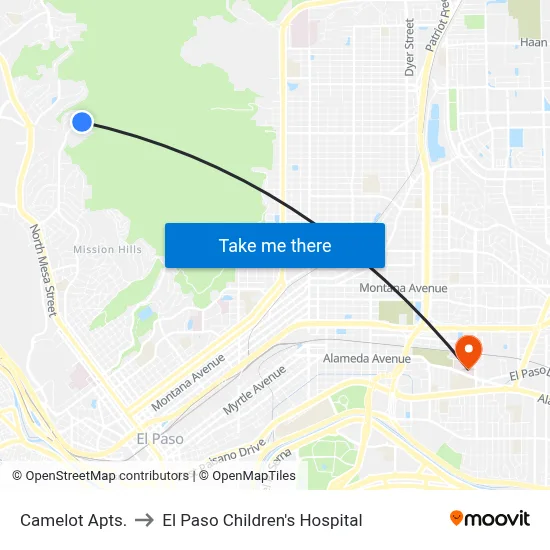 Camelot Apts. to El Paso Children's Hospital map