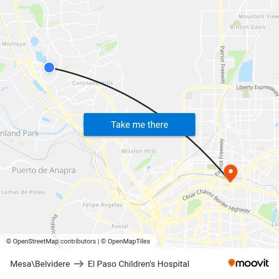 Mesa\Belvidere to El Paso Children's Hospital map