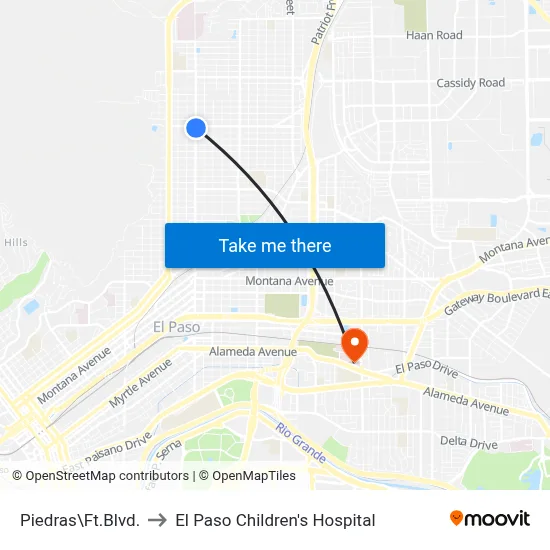 Piedras\Ft.Blvd. to El Paso Children's Hospital map