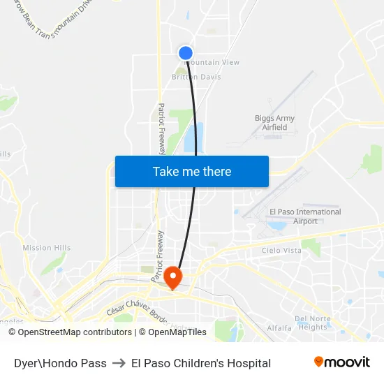 Dyer\Hondo Pass to El Paso Children's Hospital map