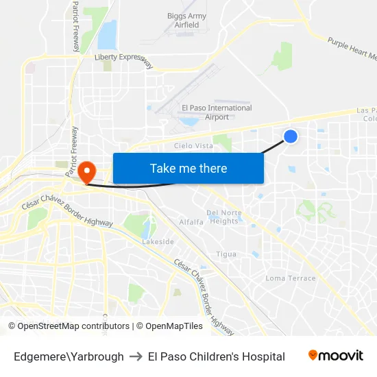 Edgemere\Yarbrough to El Paso Children's Hospital map