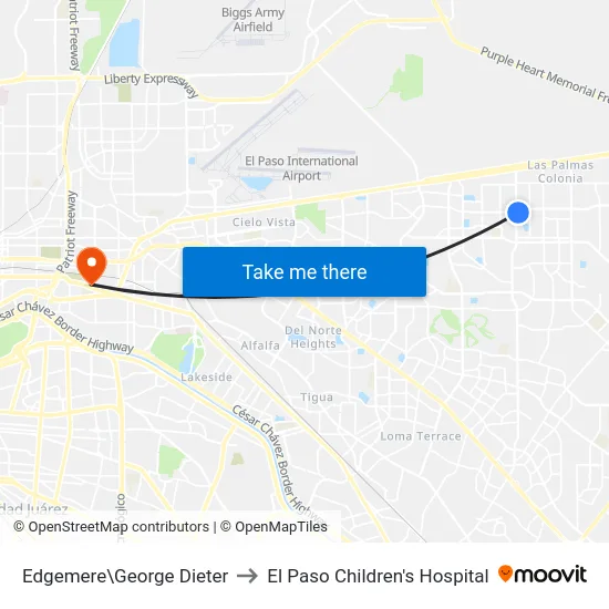 Edgemere\George Dieter to El Paso Children's Hospital map