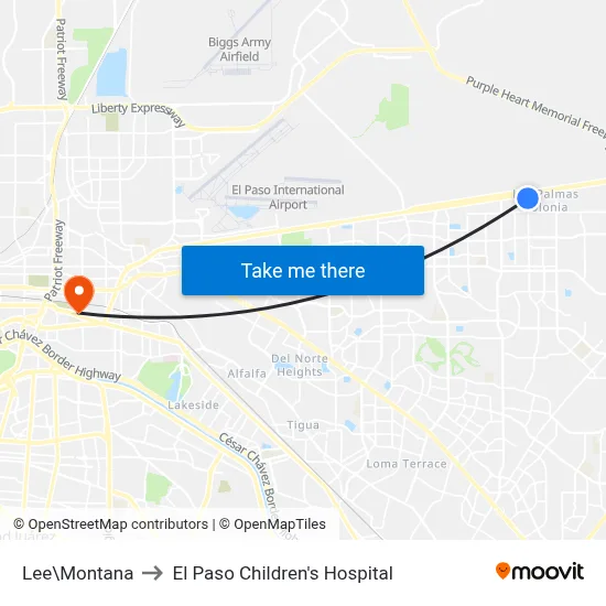 Lee\Montana to El Paso Children's Hospital map