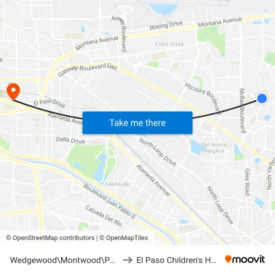 Wedgewood\Montwood\Palmetto to El Paso Children's Hospital map