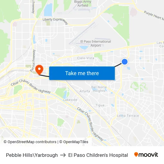 Pebble Hills\Yarbrough to El Paso Children's Hospital map