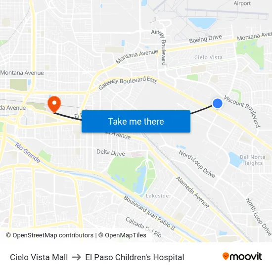 Cielo Vista Mall to El Paso Children's Hospital map