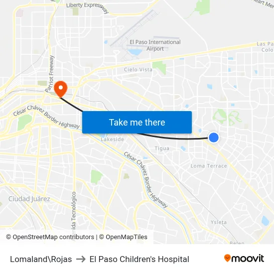 Lomaland\Rojas to El Paso Children's Hospital map