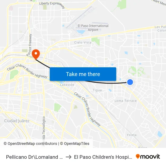 Pellicano Dr\Lomaland Dr to El Paso Children's Hospital map