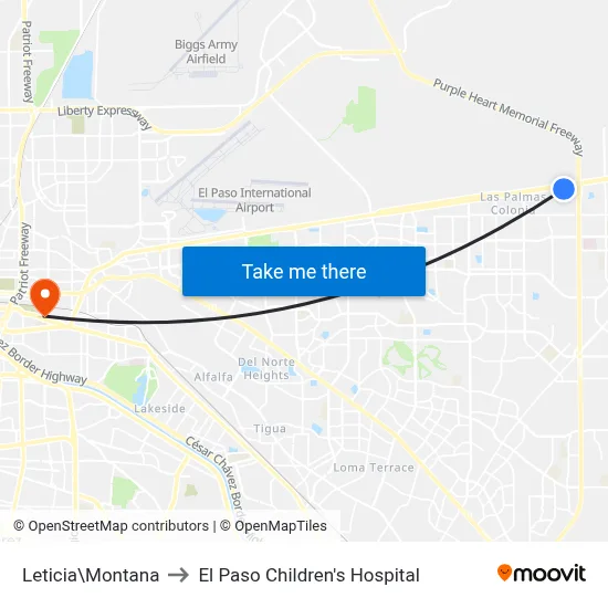 Leticia\Montana to El Paso Children's Hospital map