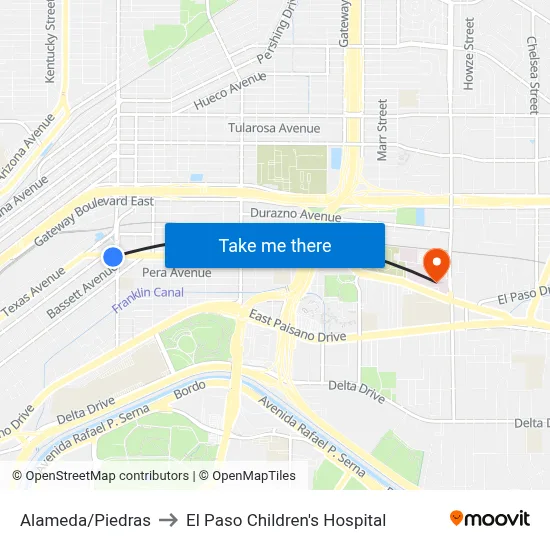 Alameda/Piedras to El Paso Children's Hospital map