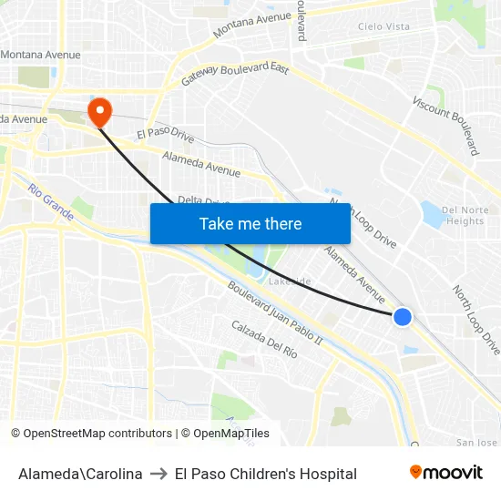 Alameda\Carolina to El Paso Children's Hospital map