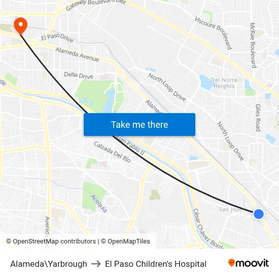 Alameda\Yarbrough to El Paso Children's Hospital map