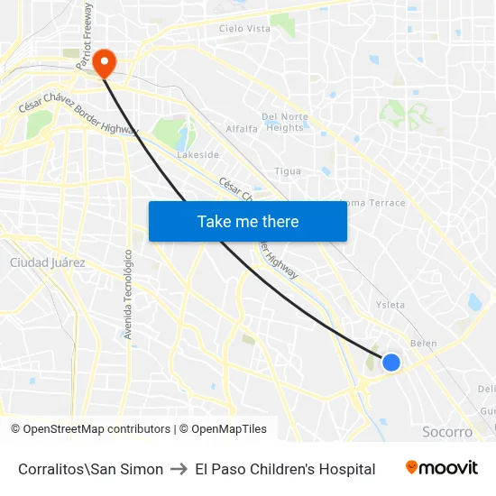 Corralitos\San Simon to El Paso Children's Hospital map