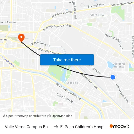 Valle Verde Campus Bay 1 to El Paso Children's Hospital map