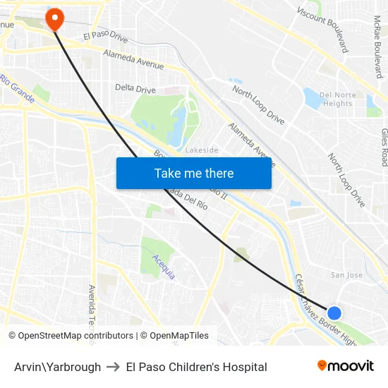 Arvin\Yarbrough to El Paso Children's Hospital map