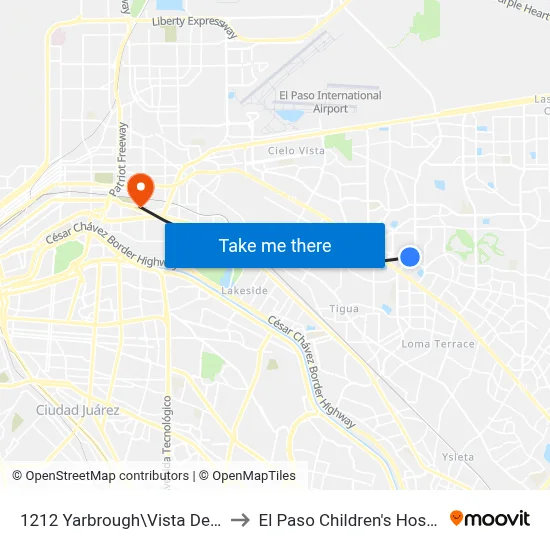 1212 Yarbrough\Vista Del Sol to El Paso Children's Hospital map