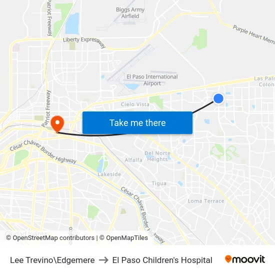 Lee Trevino\Edgemere to El Paso Children's Hospital map