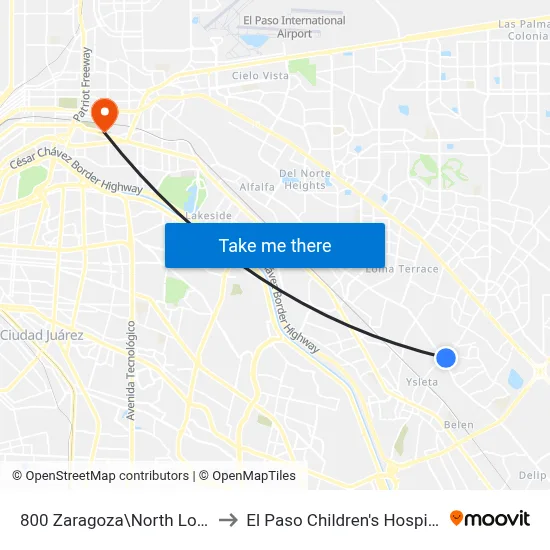 800 Zaragoza\North Loop to El Paso Children's Hospital map