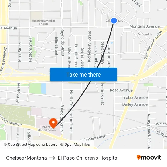 Chelsea\Montana to El Paso Children's Hospital map
