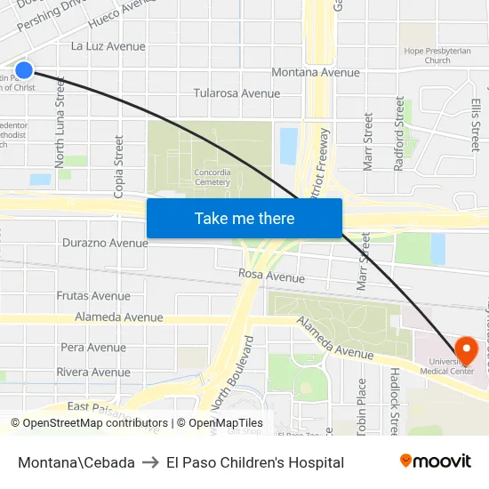 Montana\Cebada to El Paso Children's Hospital map