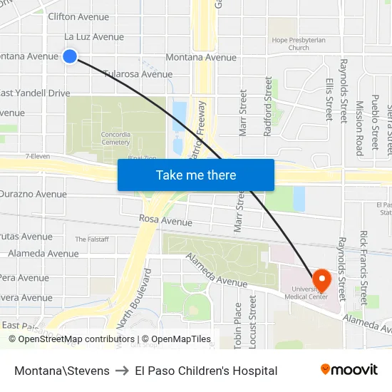 Montana\Stevens to El Paso Children's Hospital map