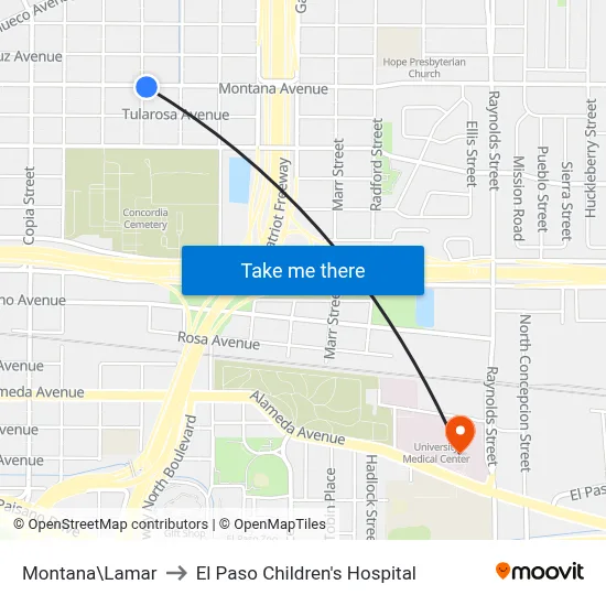 Montana\Lamar to El Paso Children's Hospital map