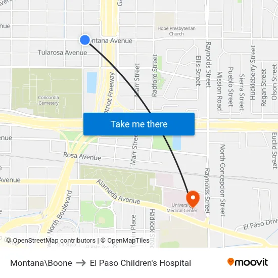 Montana\Boone to El Paso Children's Hospital map