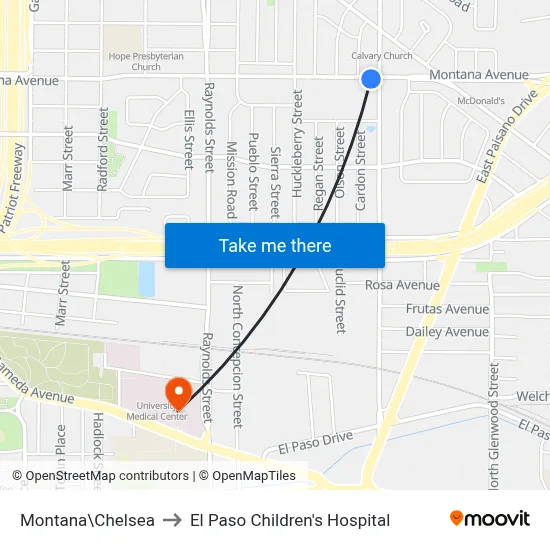 Montana\Chelsea to El Paso Children's Hospital map