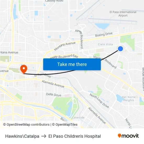 Hawkins\Catalpa to El Paso Children's Hospital map