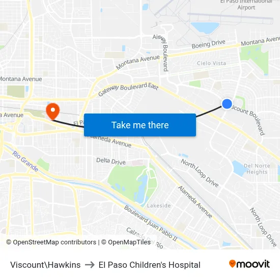 Viscount\Hawkins to El Paso Children's Hospital map