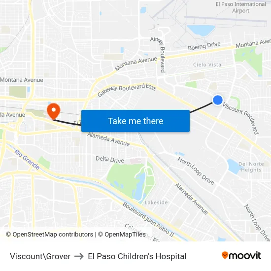 Viscount\Grover to El Paso Children's Hospital map
