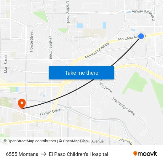 6555 Montana to El Paso Children's Hospital map