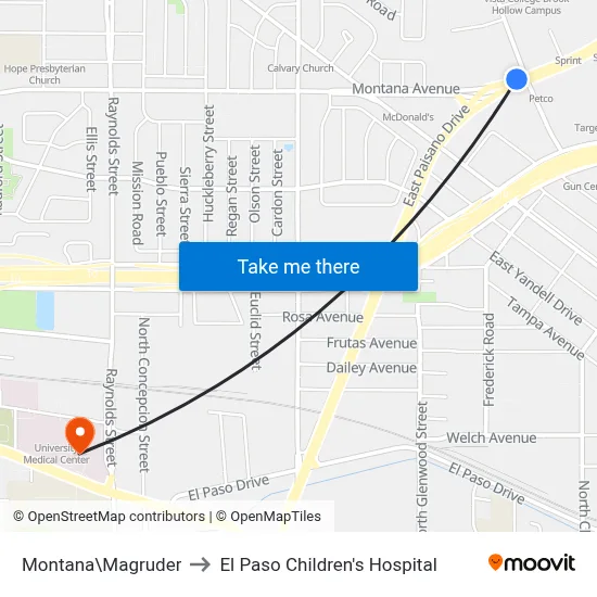 Montana\Magruder to El Paso Children's Hospital map